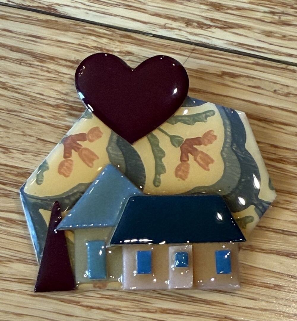 Vtg Large House Pins by Lucinda Home Heart Floral Pin Brooch 2.75” Wide Acrylic